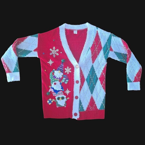Holiday Time Embellished Cardigan Sweater Tunic Gnomes Snowflakes Argyle size M - Picture 3 of 16